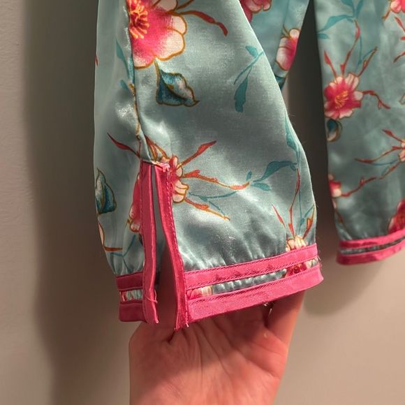 Blue Floral Drawstring Satin Pajama Bottoms - Picture 2 of 5